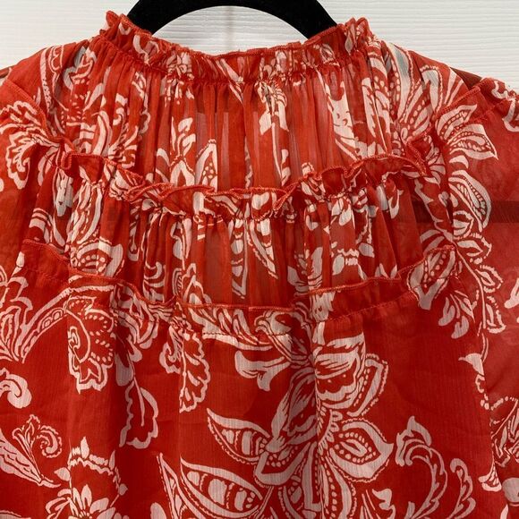 Evereve orange and white floral print long sleeve tie front top, size x small - Picture 11 of 12